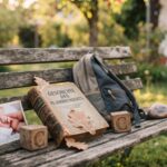 Eine alte Holzbank im Garten mit einem Geschichtsbuch, einem Rucksack, Holzspielklötzen mit dem Buchstaben C, einem Erinnerungsfoto von einem Baby und einem Gedenkstein mit dem Datum 15. Juni 2001 als Symbol für den erstgeborenen Sohn.