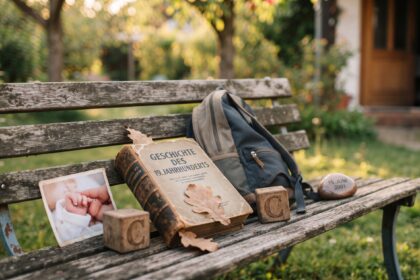 Eine alte Holzbank im Garten mit einem Geschichtsbuch, einem Rucksack, Holzspielklötzen mit dem Buchstaben C, einem Erinnerungsfoto von einem Baby und einem Gedenkstein mit dem Datum 15. Juni 2001 als Symbol für den erstgeborenen Sohn.