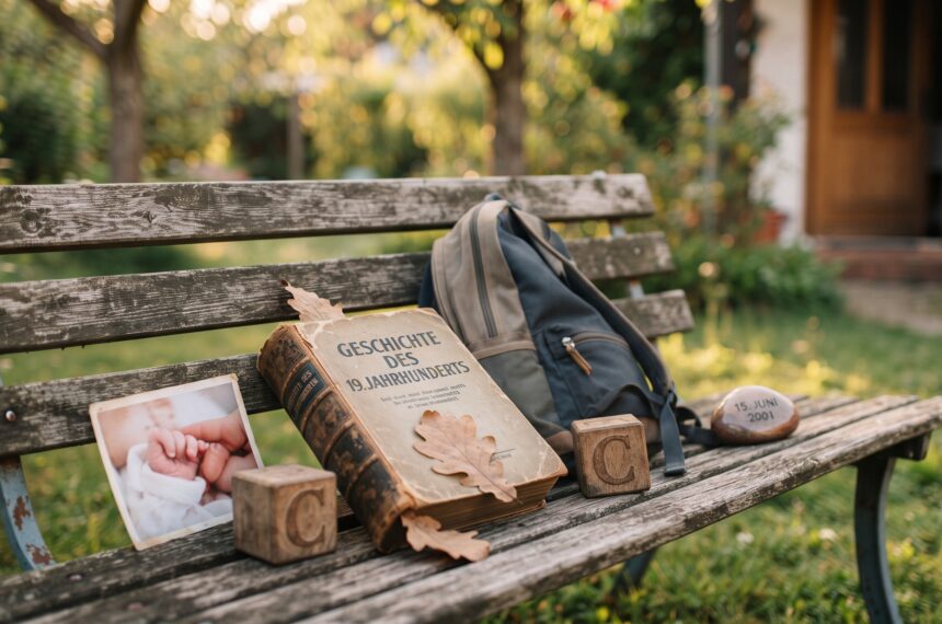 Eine alte Holzbank im Garten mit einem Geschichtsbuch, einem Rucksack, Holzspielklötzen mit dem Buchstaben C, einem Erinnerungsfoto von einem Baby und einem Gedenkstein mit dem Datum 15. Juni 2001 als Symbol für den erstgeborenen Sohn.
