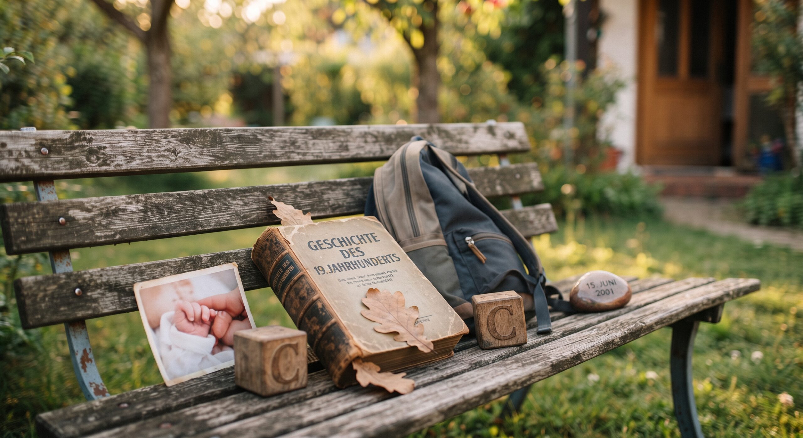 Eine alte Holzbank im Garten mit einem Geschichtsbuch, einem Rucksack, Holzspielklötzen mit dem Buchstaben C, einem Erinnerungsfoto von einem Baby und einem Gedenkstein mit dem Datum 15. Juni 2001 als Symbol für den erstgeborenen Sohn.