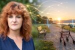 Portrait von Nadine Kempe neben einem sonnigen Weg mit Rollator, Parkbank und feinen medizinischen Nerven- und Herzschlaglinien, die ihren Weg der Genesung nach dem Schlaganfall symbolisieren.