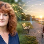 Portrait von Nadine Kempe neben einem sonnigen Weg mit Rollator, Parkbank und feinen medizinischen Nerven- und Herzschlaglinien, die ihren Weg der Genesung nach dem Schlaganfall symbolisieren.