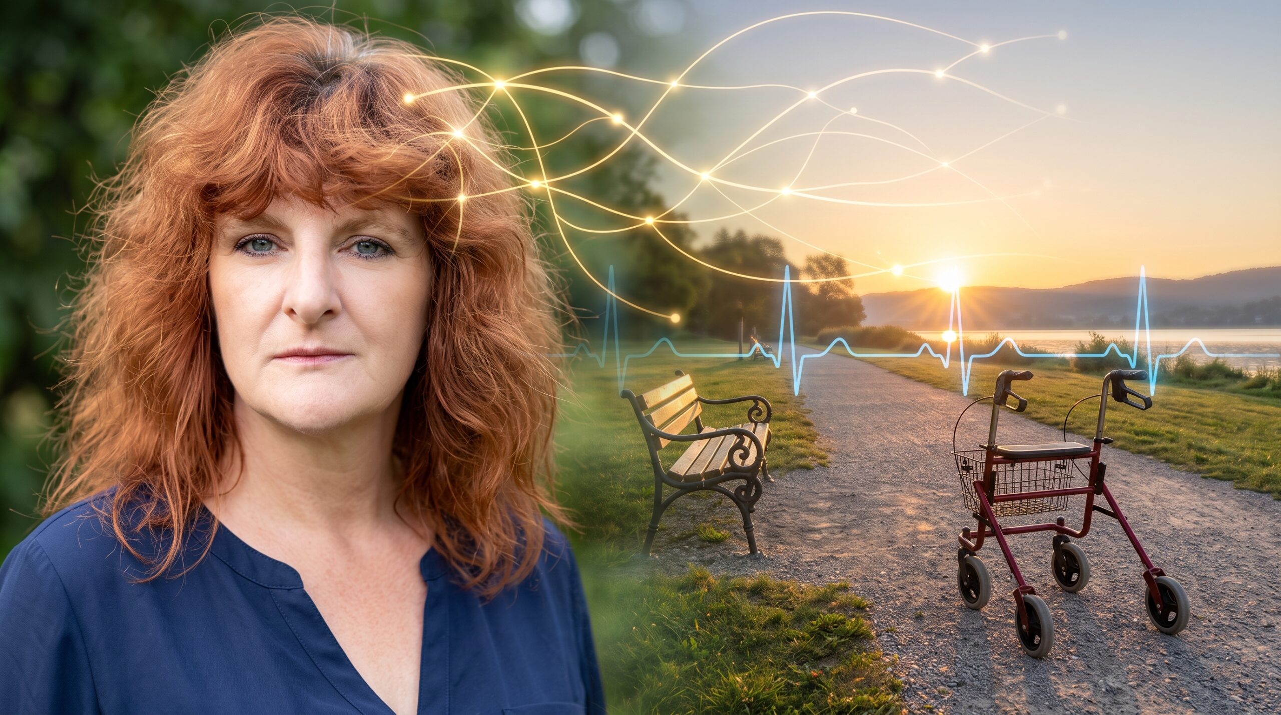 Portrait von Nadine Kempe neben einem sonnigen Weg mit Rollator, Parkbank und feinen medizinischen Nerven- und Herzschlaglinien, die ihren Weg der Genesung nach dem Schlaganfall symbolisieren.
