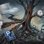 Symbolisches Illustration-Bild zu den Folgen schwerer Krankheit und Behördenkampf: Ein kahler, verdorrter Baum steht auf felsigem Boden voller Dornen. Links hängen medizinische Akten mit der Diagnose E. Coli Urosepsis und abgelehnte Behördenbescheide mit einem kaputten Behindertenparkplatz-Schild. Rechts lösen sich eine zerbrochene Uhr und Puzzleteile auf, während im Vordergrund ein Rollator und ein Rollstuhl auf einem steinigen Weg stehen.