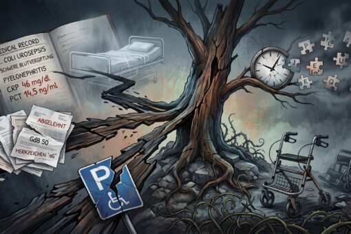 Symbolisches Illustration-Bild zu den Folgen schwerer Krankheit und Behördenkampf: Ein kahler, verdorrter Baum steht auf felsigem Boden voller Dornen. Links hängen medizinische Akten mit der Diagnose E. Coli Urosepsis und abgelehnte Behördenbescheide mit einem kaputten Behindertenparkplatz-Schild. Rechts lösen sich eine zerbrochene Uhr und Puzzleteile auf, während im Vordergrund ein Rollator und ein Rollstuhl auf einem steinigen Weg stehen.