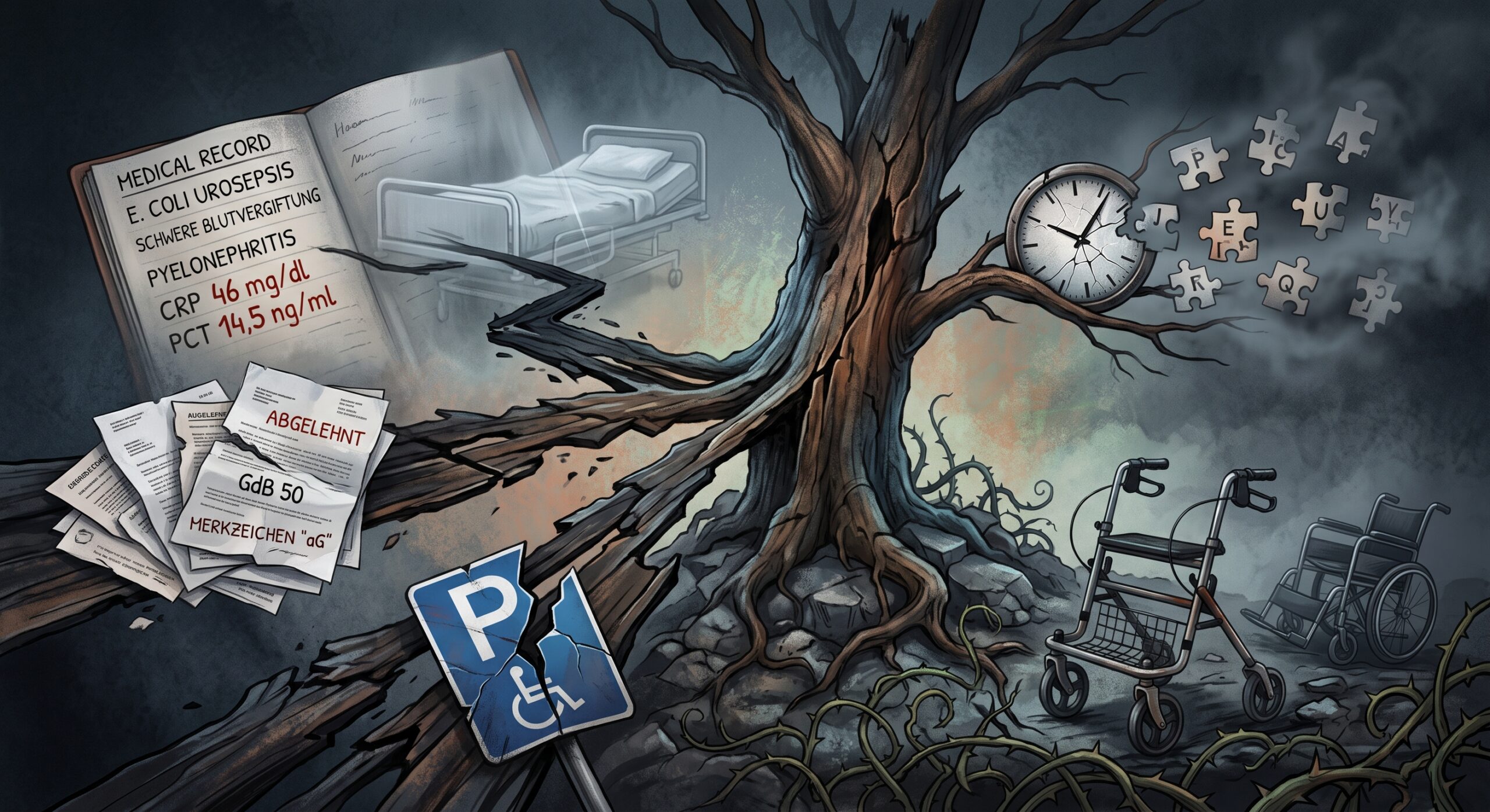 Symbolisches Illustration-Bild zu den Folgen schwerer Krankheit und Behördenkampf: Ein kahler, verdorrter Baum steht auf felsigem Boden voller Dornen. Links hängen medizinische Akten mit der Diagnose E. Coli Urosepsis und abgelehnte Behördenbescheide mit einem kaputten Behindertenparkplatz-Schild. Rechts lösen sich eine zerbrochene Uhr und Puzzleteile auf, während im Vordergrund ein Rollator und ein Rollstuhl auf einem steinigen Weg stehen.